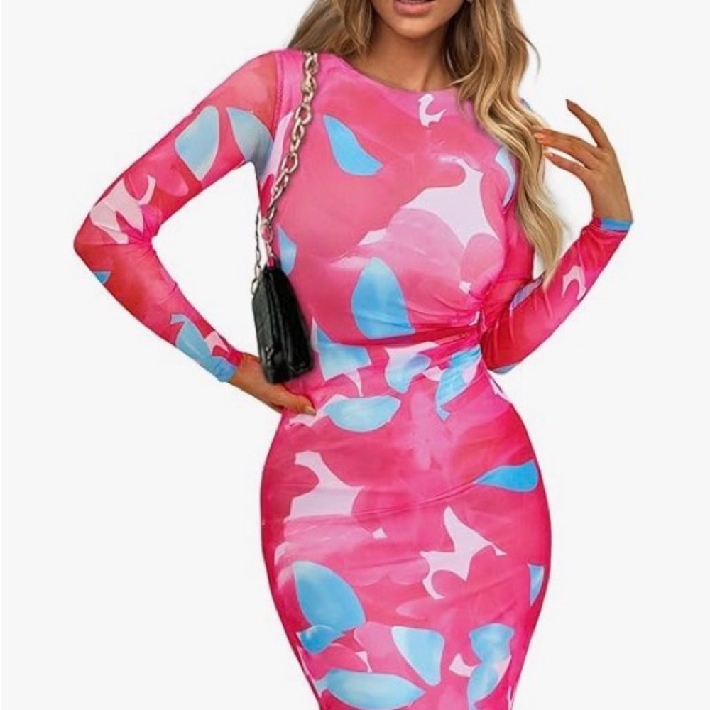 Pink & Blue Long Sleeve Bodycon Maxi Dress